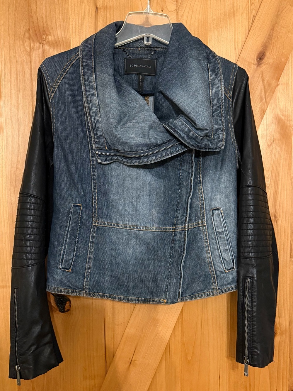 BCBGMAXAZRIA Blue Denim & Black Faux Leather Sleeve Moto Jacket